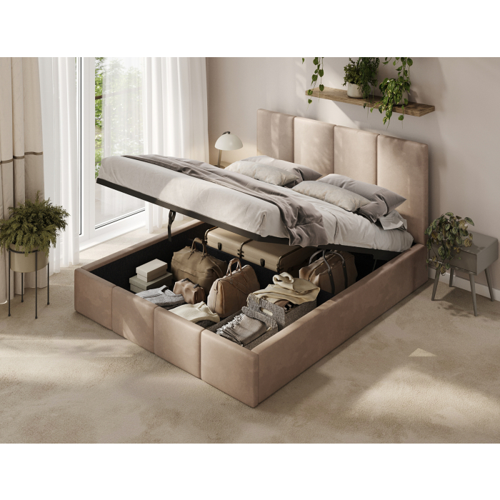 Beiges Polsterbett im Schlafzimmer